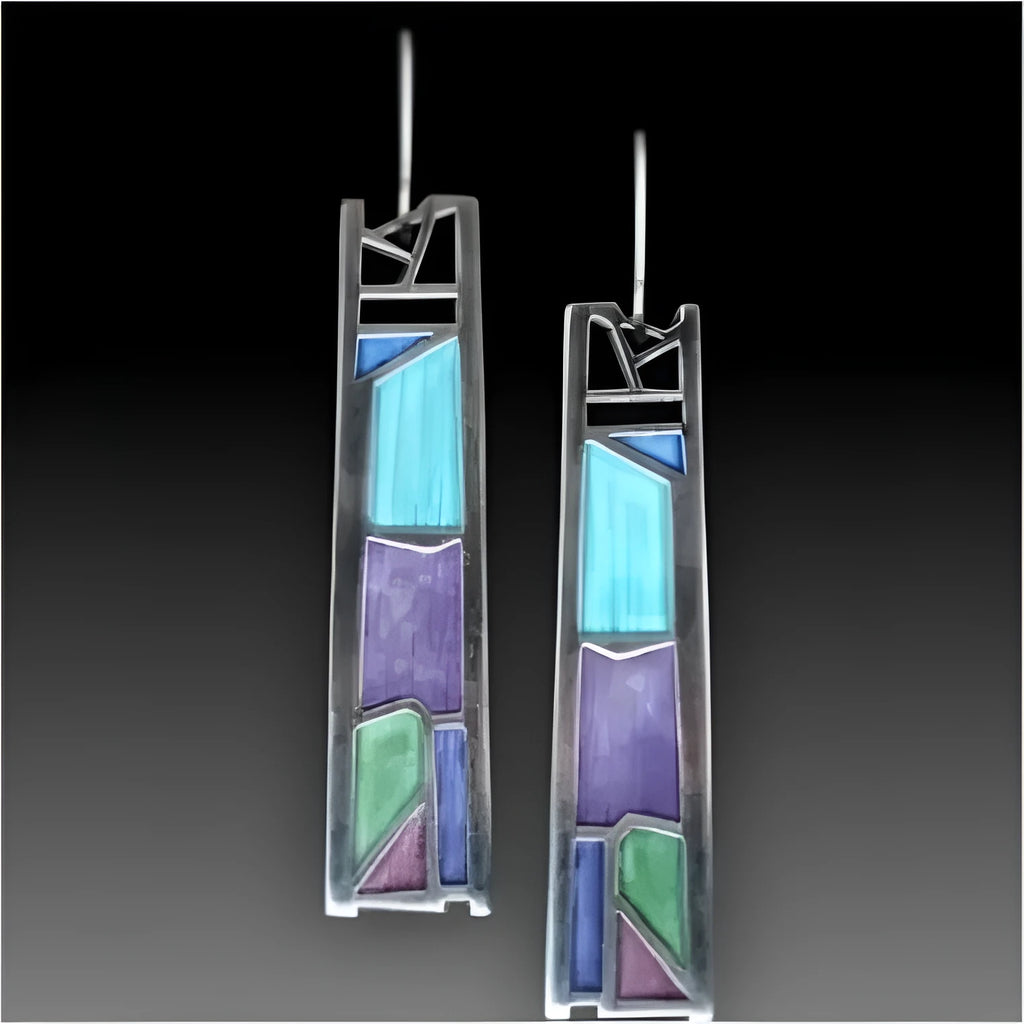 Women's silver irregular water drop earrings with oil colour effects