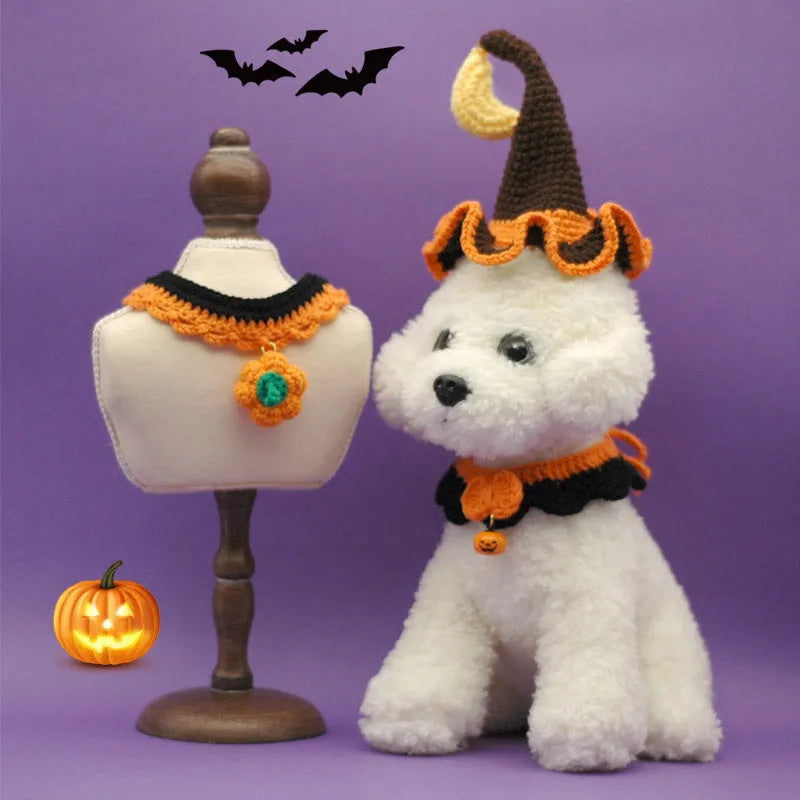 Hand crocheted wool Halloween pet collar with adjustable sizing for cats and dogs