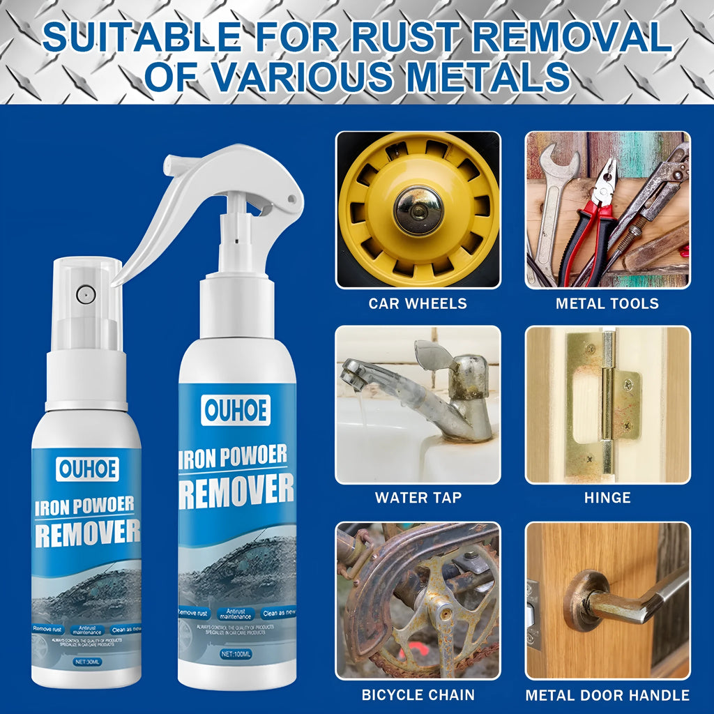 Automotive iron powder rust remover spray bottle with blue square sponge for vehicle metal surface treatment