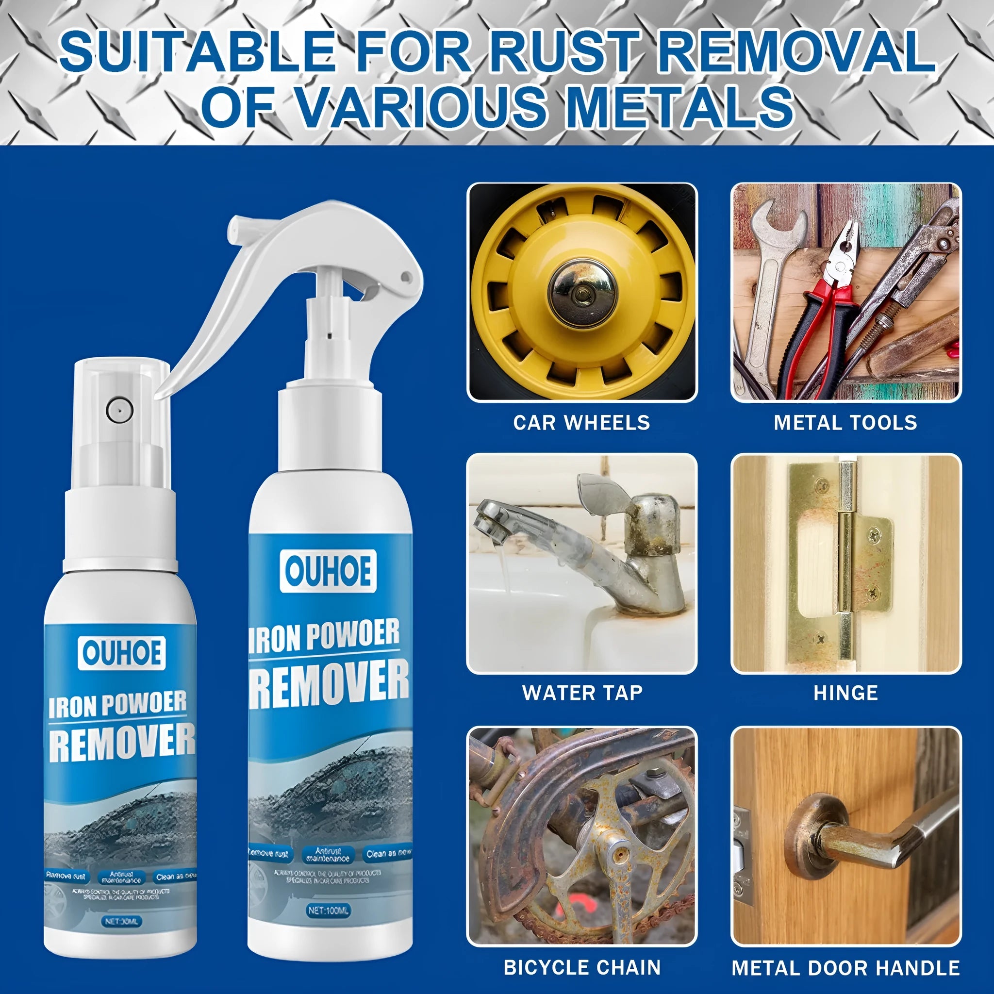 Automotive iron powder rust remover spray bottle with blue square sponge for vehicle metal surface treatment