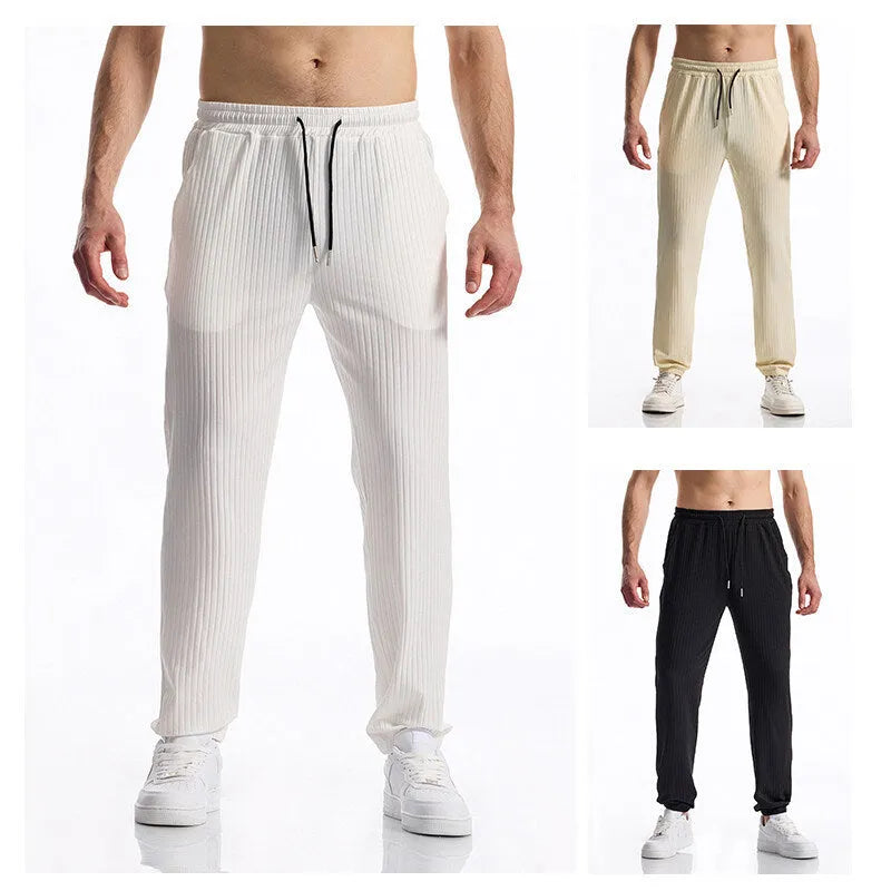 Silky rib fabric casual trousers with baggy straight-leg cut and elastic waistband