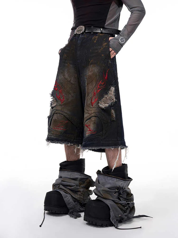 Men's retro jeans with detachable legs in wide-leg loose fit and mid-high waist