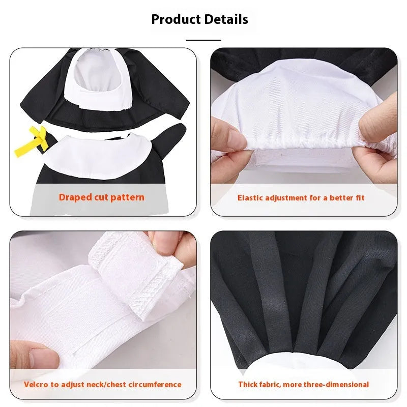 Black polyester nun Halloween costume on small dog showing complete habit design