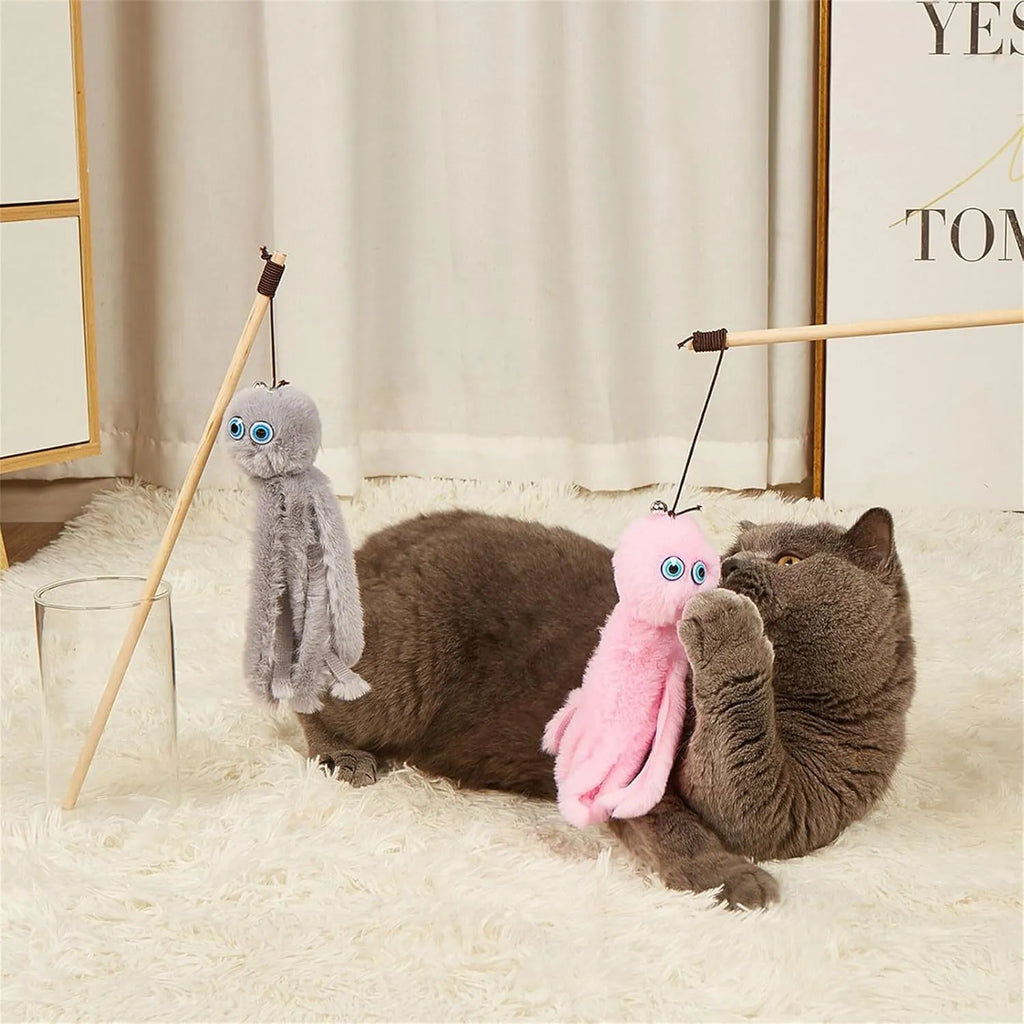 Octopus-themed cat toy with long stick handle in grey, pink, purple, or red colour options