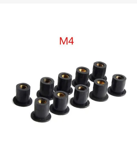 Pack of ten black brass expansion rubber well nut fasteners for motorcycle bodywork in M4, M5, and M6 sizes.