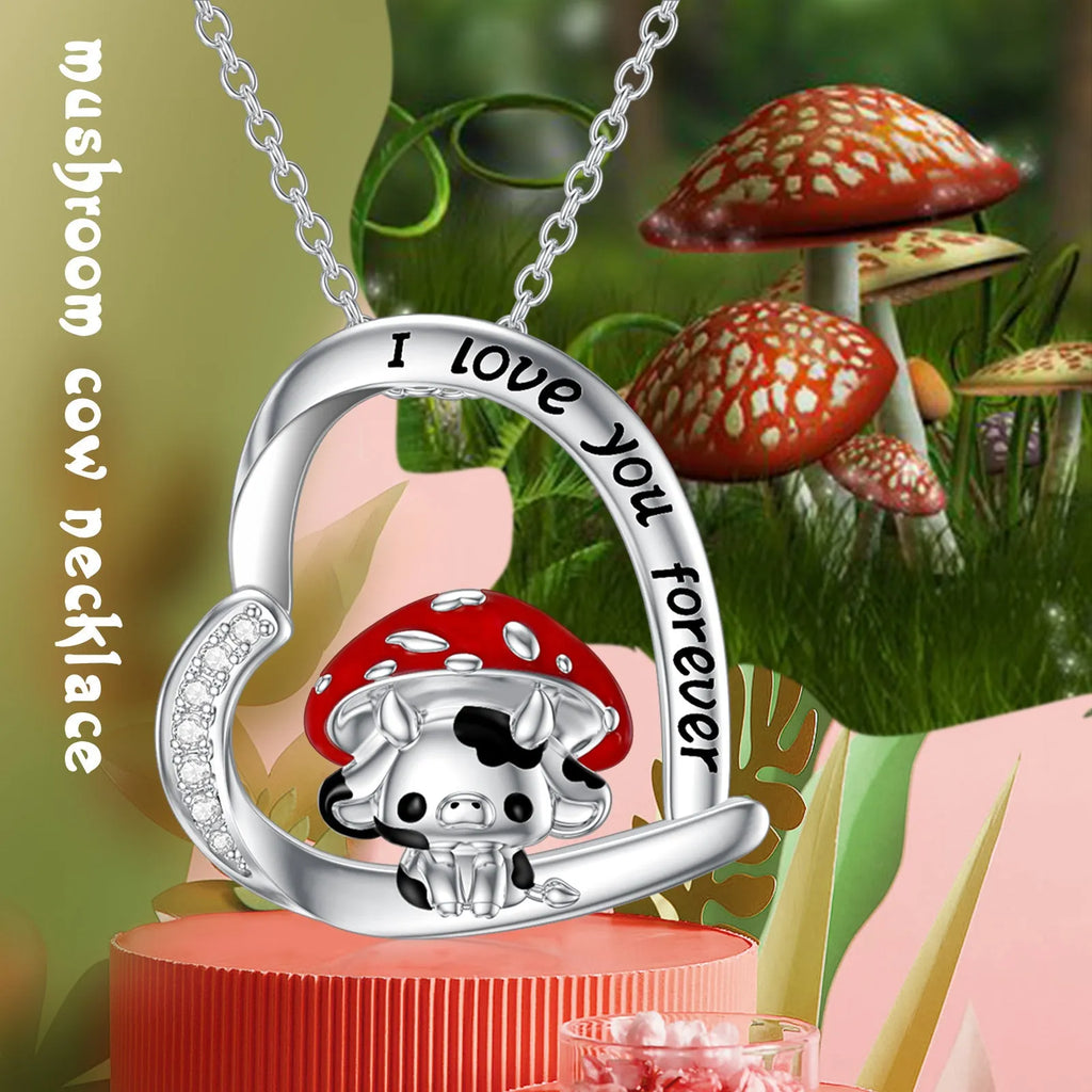 925 sterling silver cow necklace with mushroom hat pendant on love heart, 18in cable chain and 2in extender