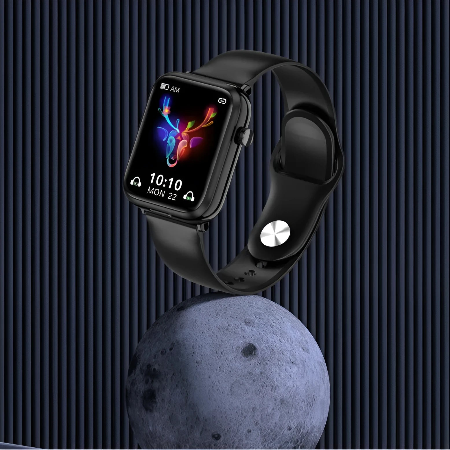 Black smartwatch with detachable wireless earbuds on a 1.69-inch touchscreen display.