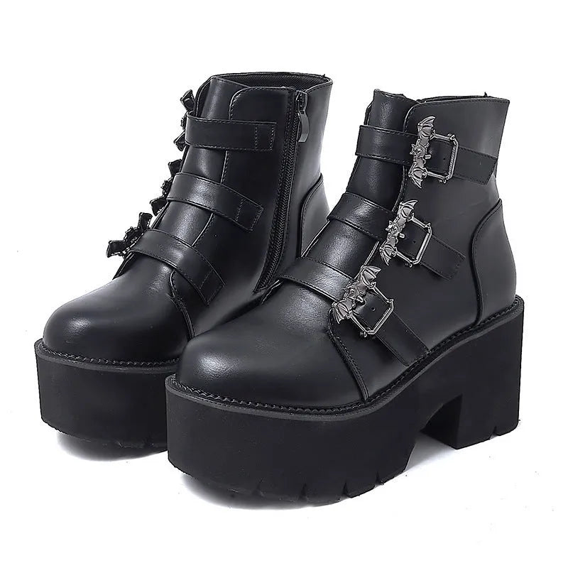 Black women's Harajuku punk Gothic Martin boots with bat buckle, side zip, and thick heel.