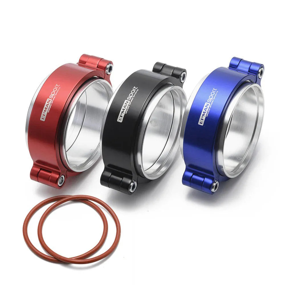 Aluminium high-pressure clamp for turbocharger exhaust pipe in black, blue, or red.