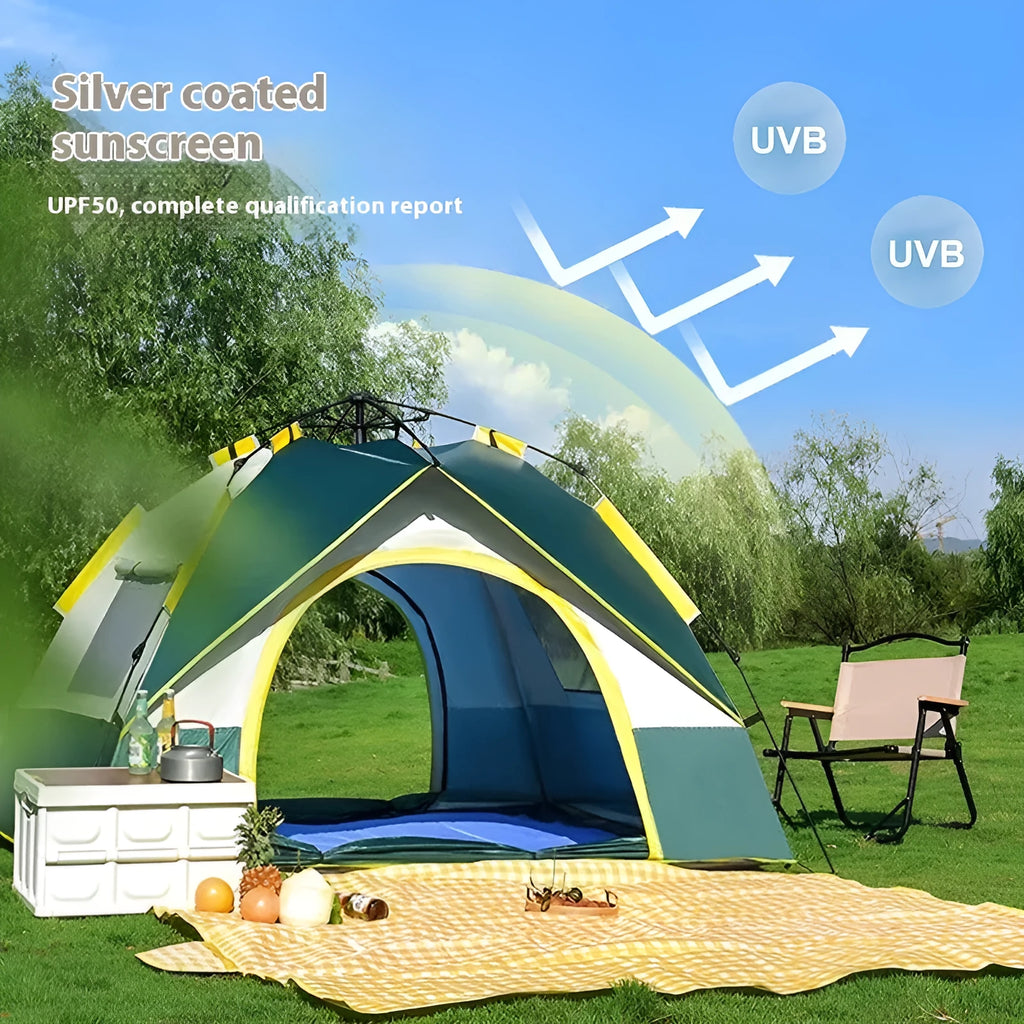 Dark Green Silver Glue double-layered camping tent for 3-4 people with automatic quick-open frame.