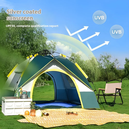 Dark Green Silver Glue double-layered camping tent for 3-4 people with automatic quick-open frame.