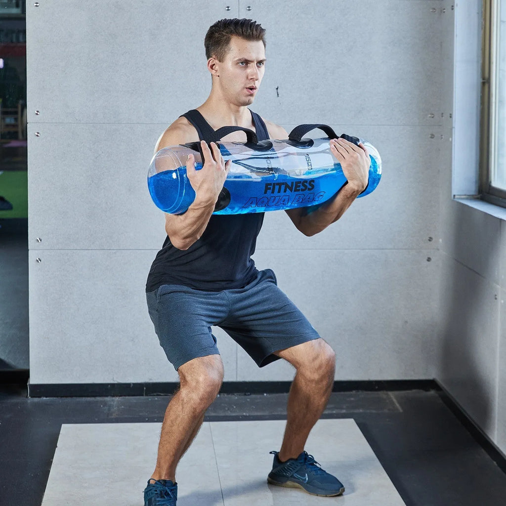 Transparent PVC inflatable water bag for weight training, showing fill valve.