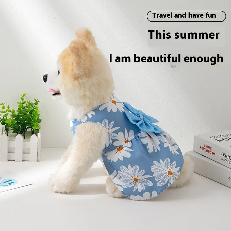 Ultra-thin floral print pet dress for dogs or cats with a large knotted bow at the chest.