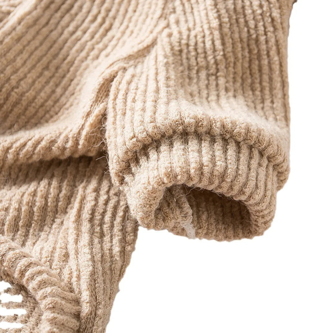 Brown knitted pullover sweater on a small dog, showing casual design and soft fabric.