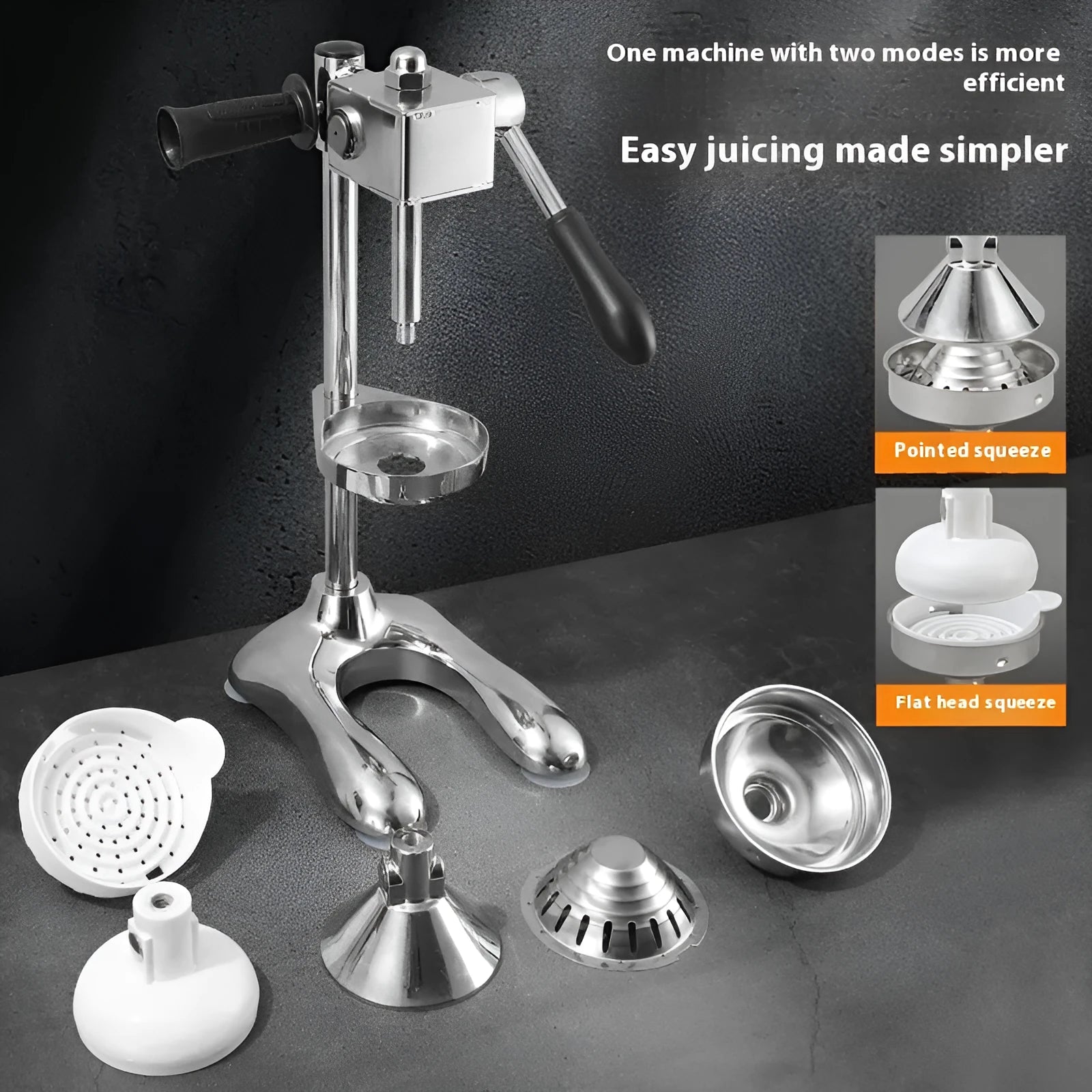 Vertical stainless steel and zinc alloy manual citrus juicer on a kitchen counter.