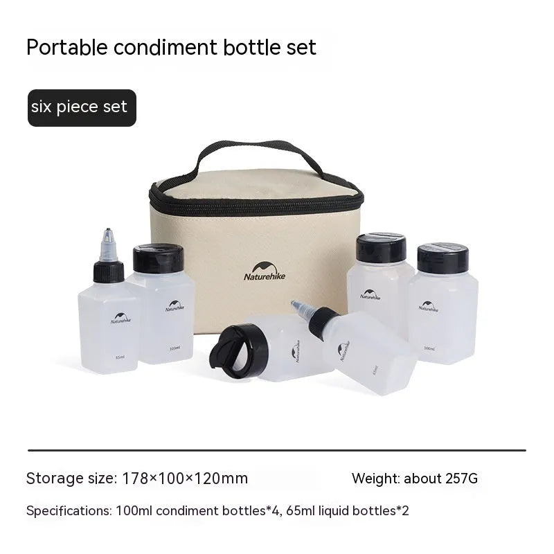 Naturehike six clear plastic portable seasoning bottles with black lids, modern simple design.
