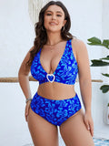 Blue floral print women's two-piece bikini swimsuit on a hanger