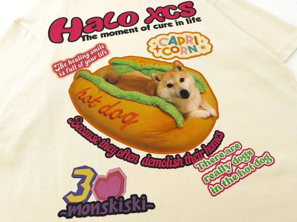 Cartoon hamburger dog printed loose cotton T-shirt in white, apricot, or sky blue