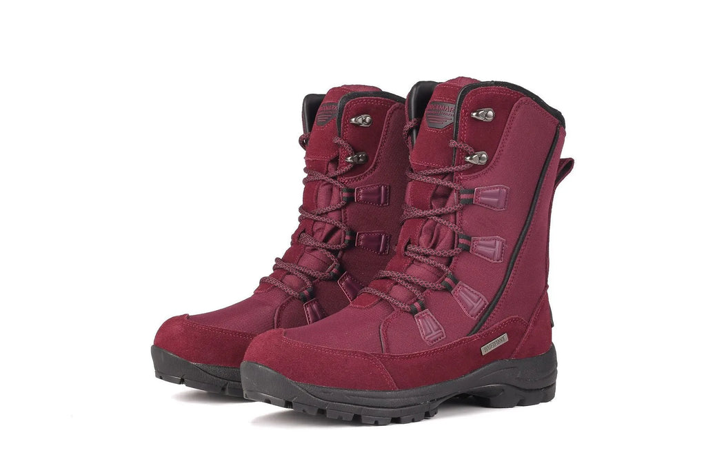 Women's black genuine leather mid-calf snow boots with round toe and thermal lining on a white background.