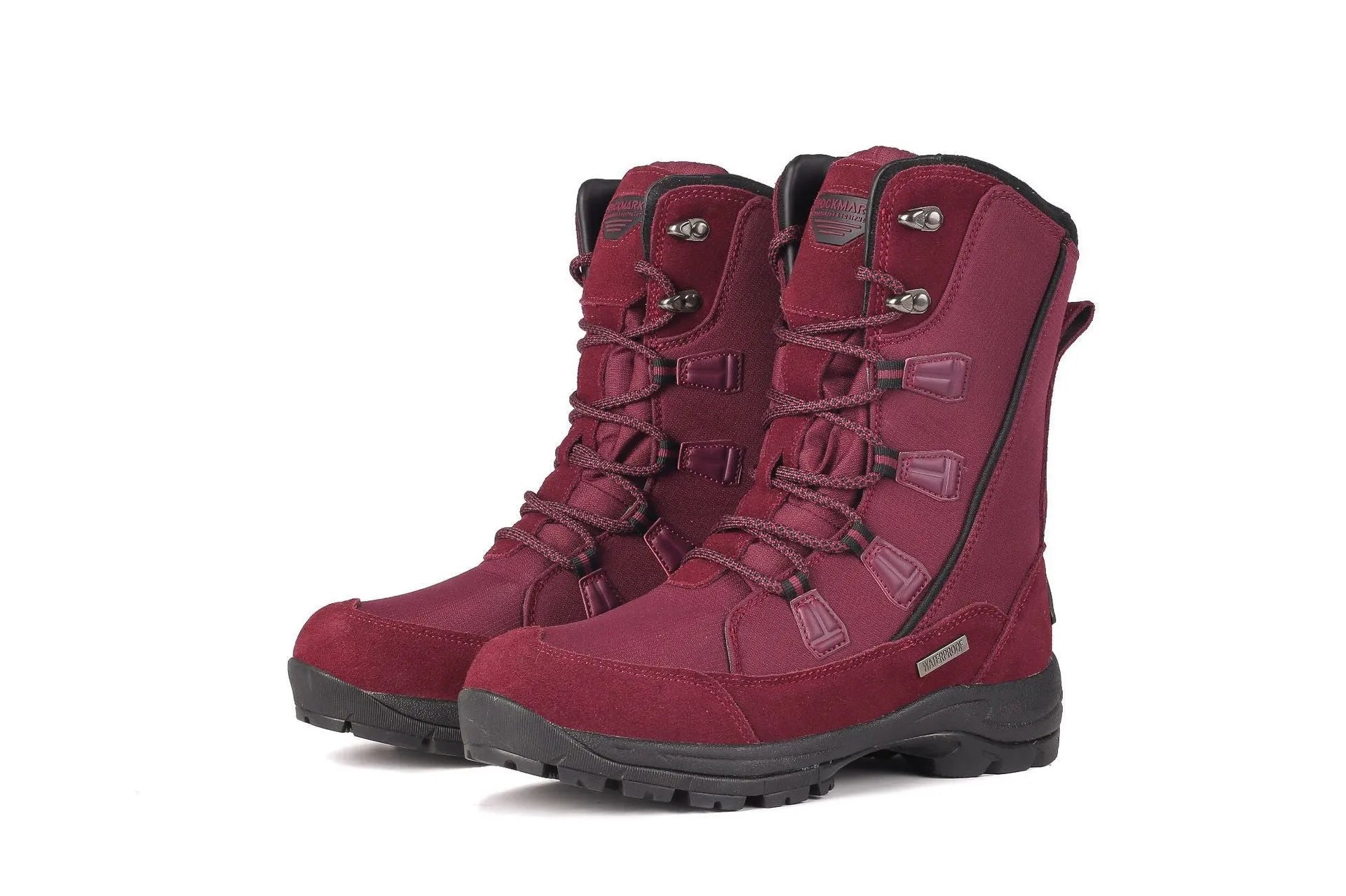 Women's black genuine leather mid-calf snow boots with round toe and thermal lining on a white background.