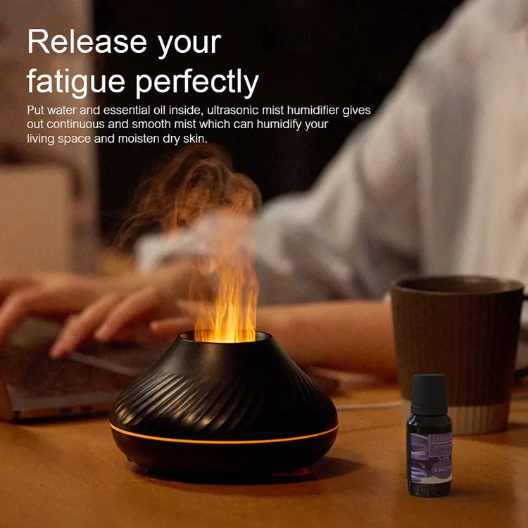 RGB flame aroma diffuser 130ml 3D colourful fire volcano effect night light black white, with Type-C cable