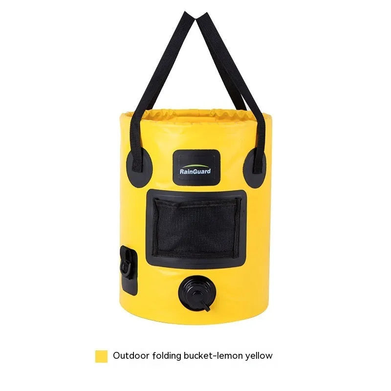 Folding fishing bucket in lemon yellow colour showing collapsed and expanded positions with mesh pocket