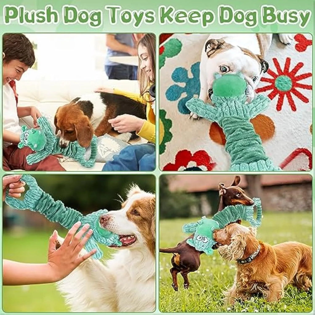 Large plush squeaky dog toy with a handle, shown in Hippo and Monkey designs on a plain background.