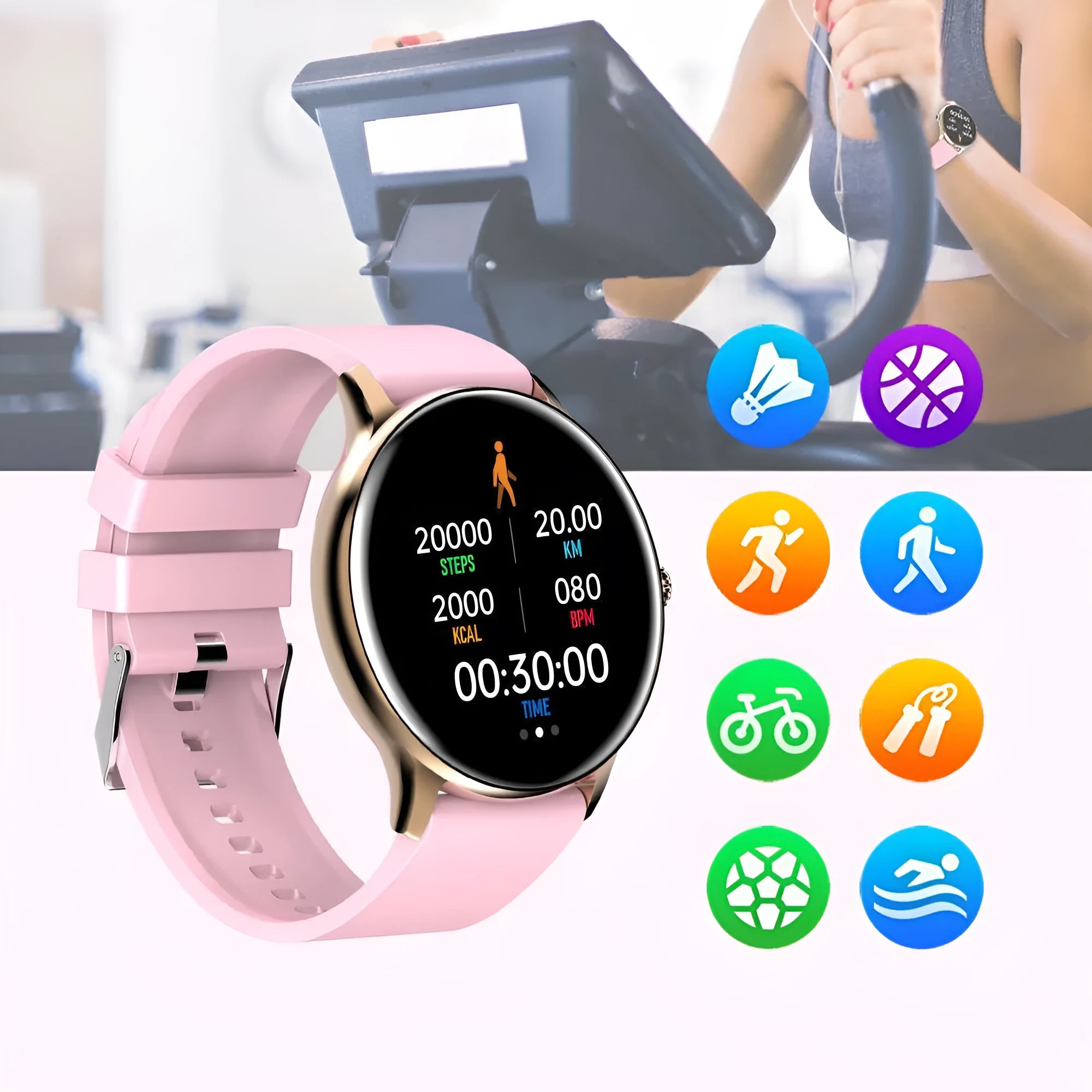Black smart sports watch with circular screen displaying health stats on a silicone strap.
