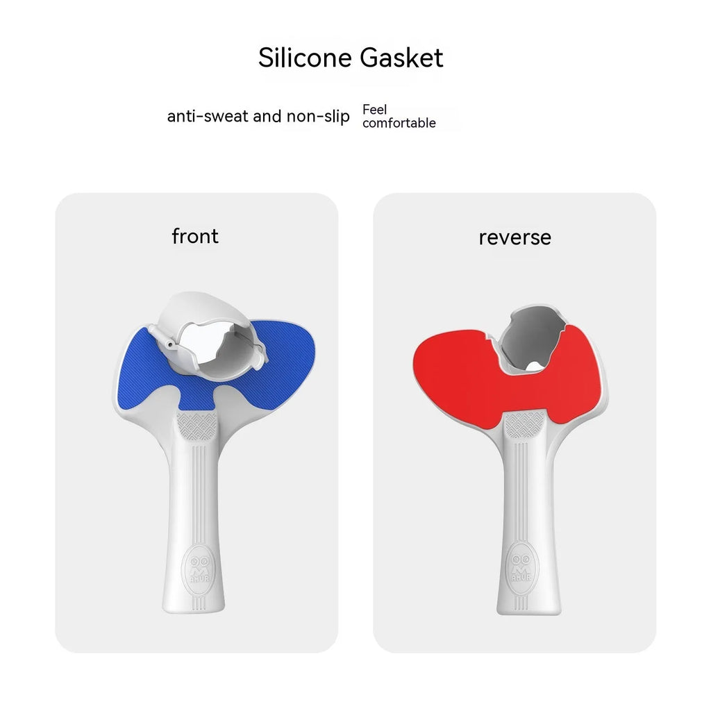 Red and blue silicone plastic table tennis racket grip accessories for Pico 4 VR controllers showing textured surface