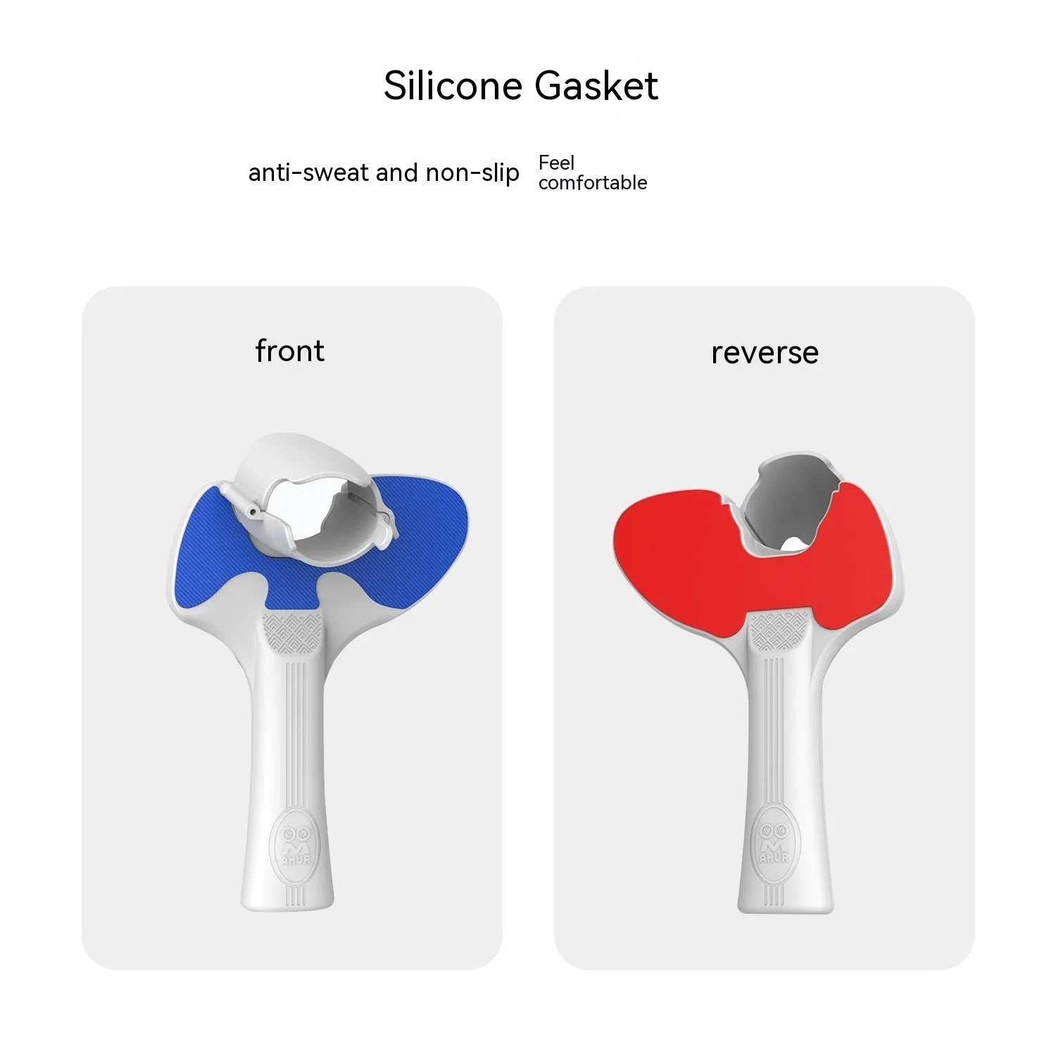 Red and blue silicone plastic table tennis racket grip accessories for Pico 4 VR controllers showing textured surface