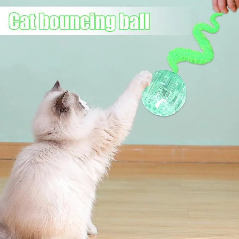 Interactive TPR bouncy ball cat toy with soft plush worm tail in green, pink or purple