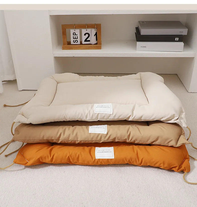 Tied dog cage cushion in beige colour showing platform design and attachment ties for metal pet cages