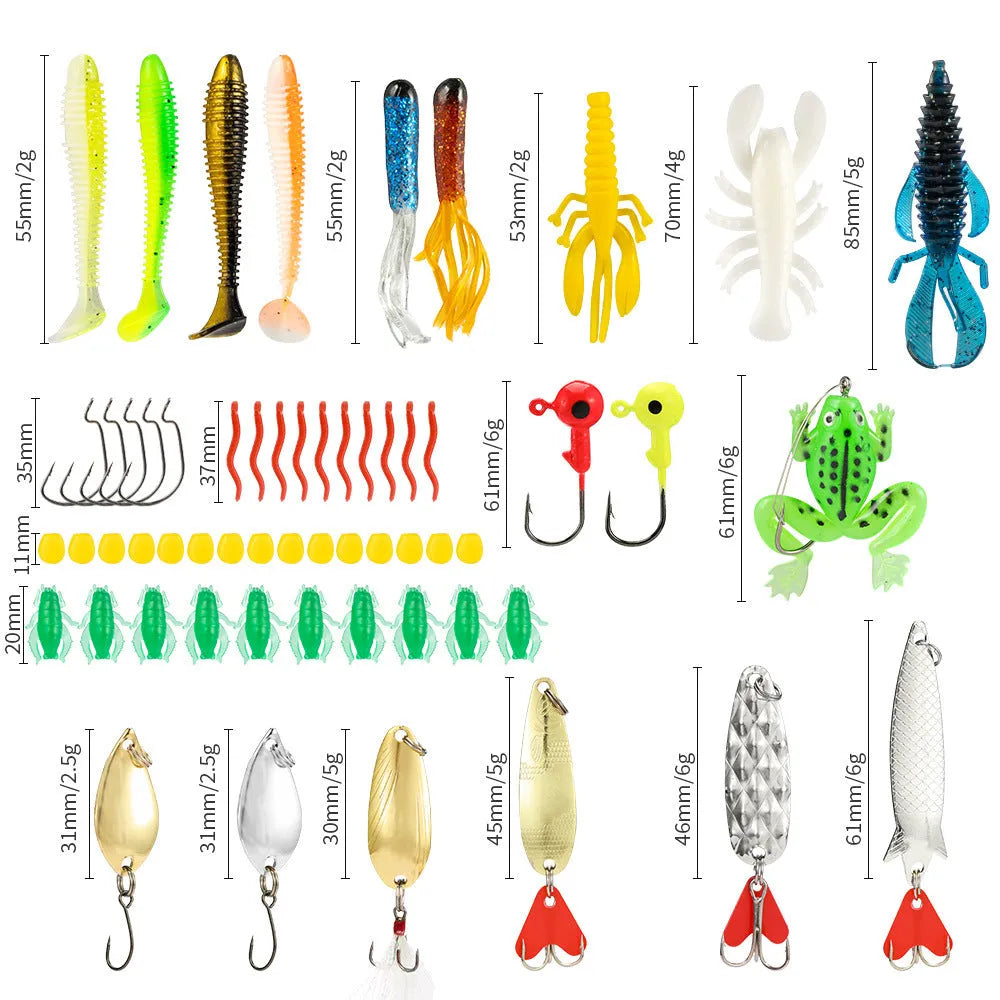 24 assorted metal Mino Bog fishing lures with hooks, arranged in rows, showing different colours and patterns.