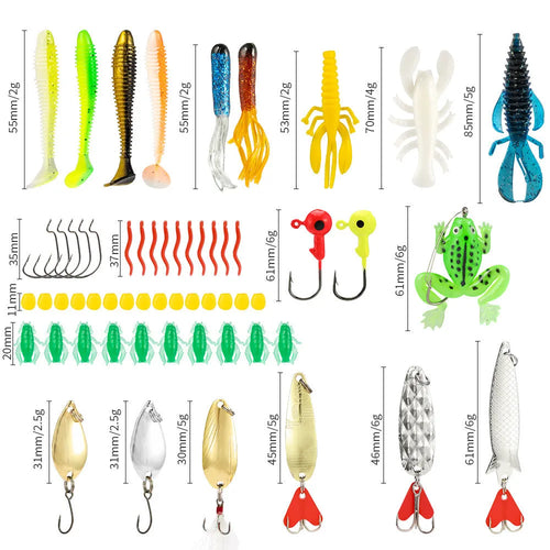 24 assorted metal Mino Bog fishing lures with hooks, arranged in rows, showing different colours and patterns.