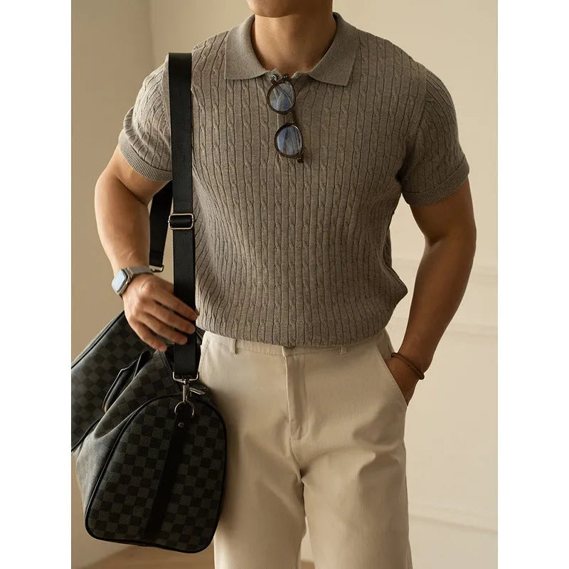 Men's khaki short-sleeve blend-fabric top for business casual and commute wear.