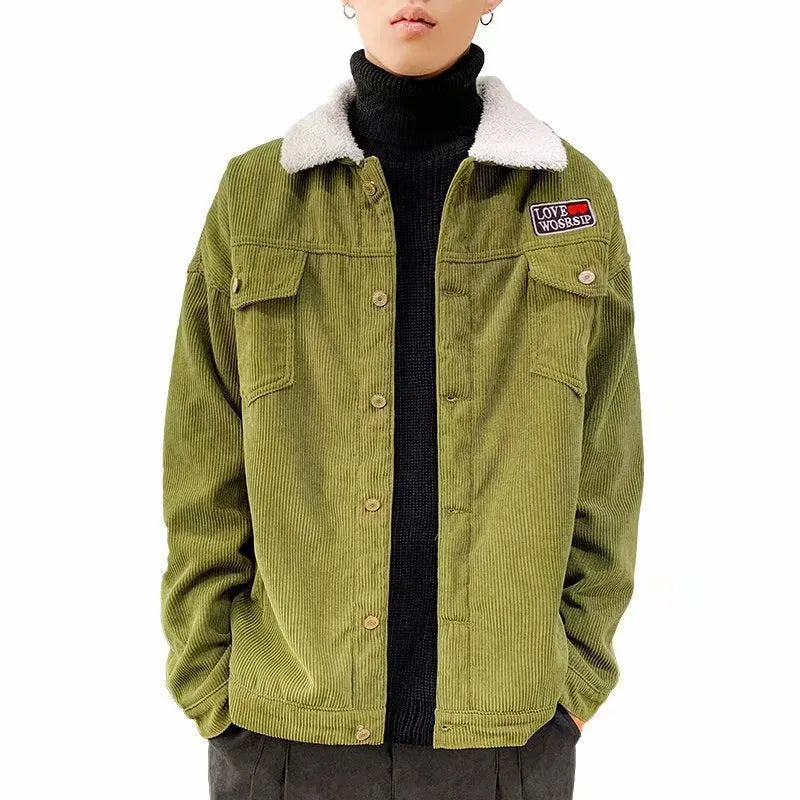 Men's loose fit corduroy workwear jacket in khaki, green or black with stick pockets