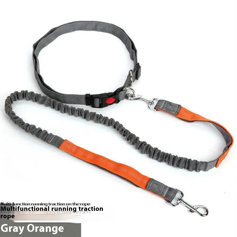 Outdoor running dog leash with night reflective filament sling and elastic adjustment in nylon construction