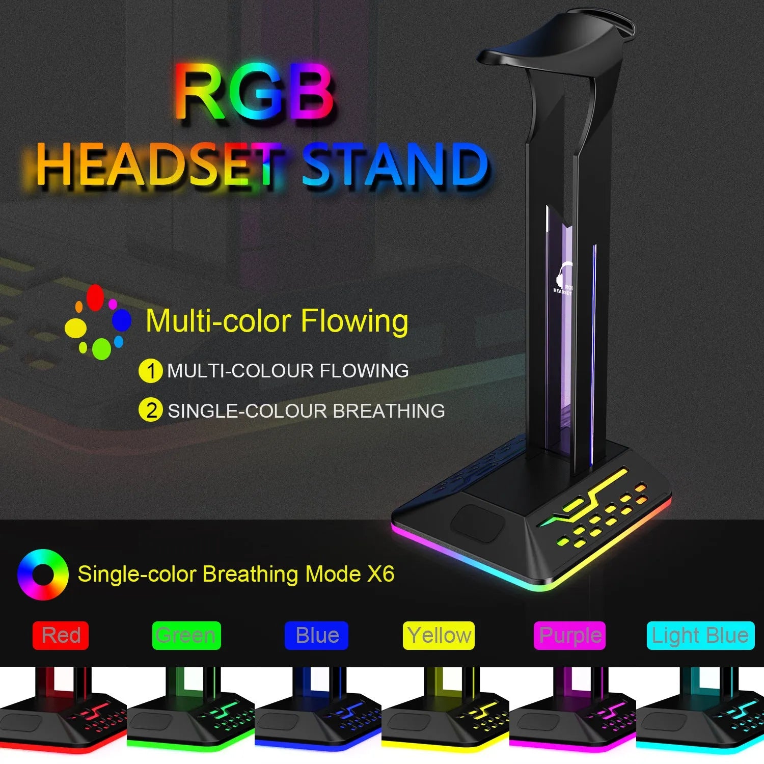RGB illuminated headphone display stand with dual USB ports in acrylic black finish