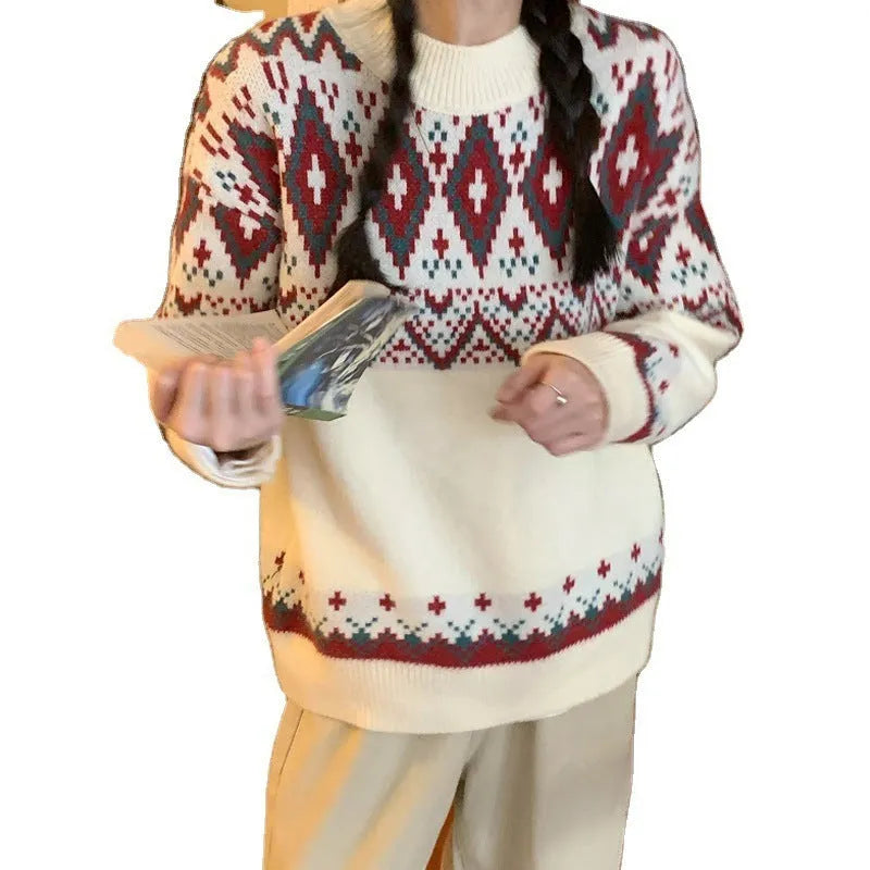 Red and white striped loose fit retro style long sleeve pullover knitted top