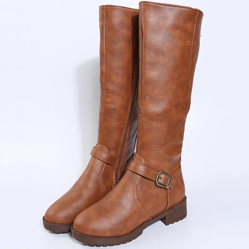 Women's black knight style ankle boots with a buckle detail on the upper and a square heel.