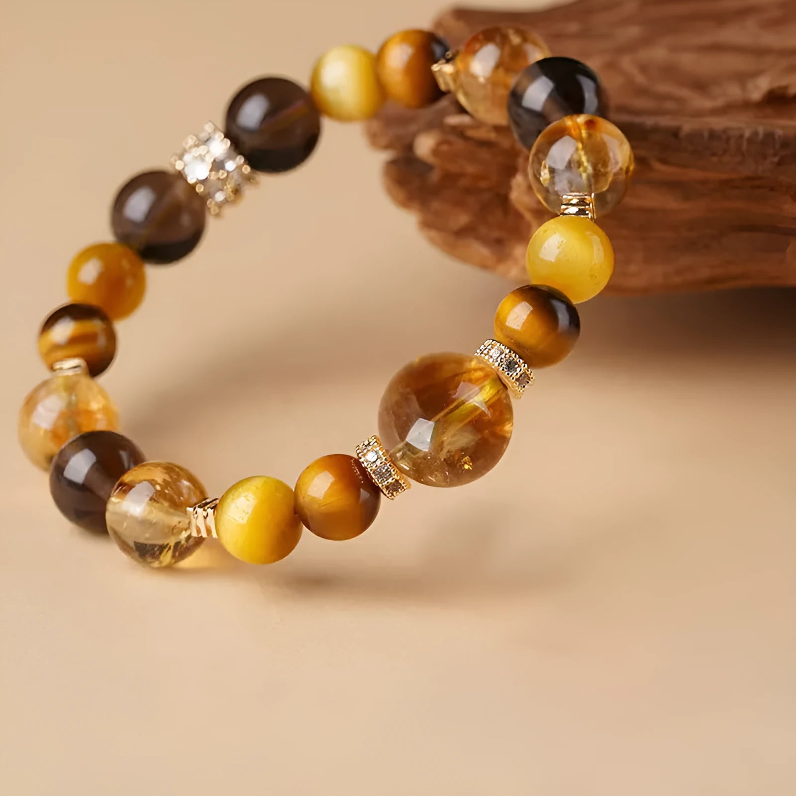 Natural tiger-eye crystal bracelet with geometric yellow beads in 10mm size
