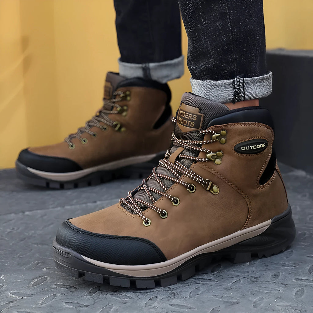 Men's high-top winter cotton boots with cowhide upper and plus velvet lining, in black, brown, or yellow