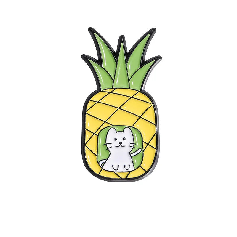 Colourful cartoon fruit design metal brooch with a silver pin fastener on the back.