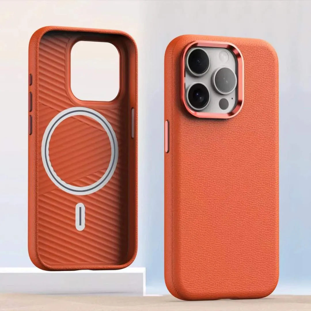Plain leather magnetic phone case in black suitable for iPhone 12 to 15 series