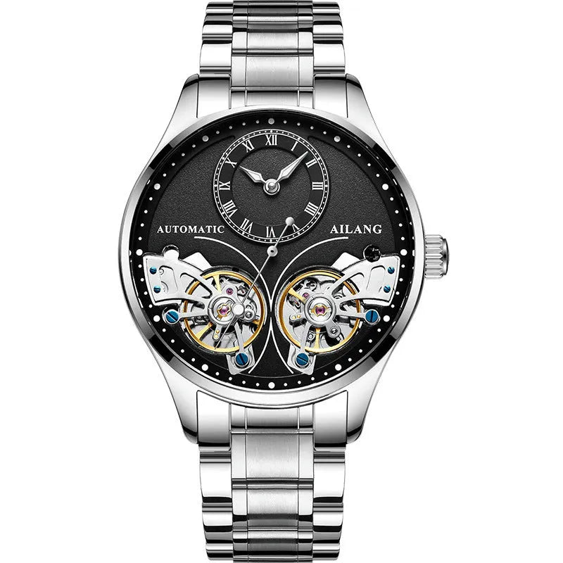Men's automatic watch with tourbillon, moon phase, black steel case, and transparent back showing Seiko movement.