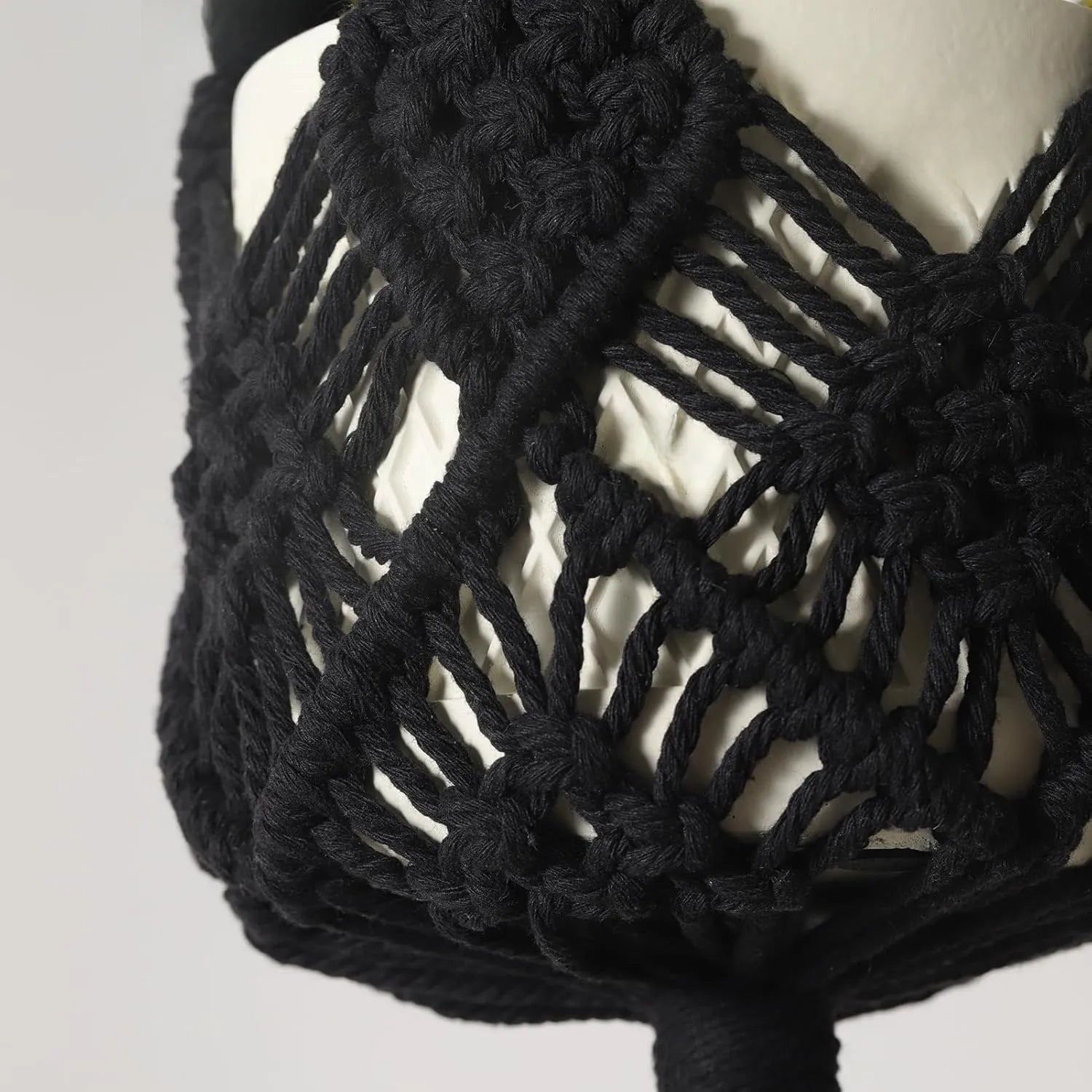 Hand-woven polyester cotton flower pot in natural colour with woven net pocket design