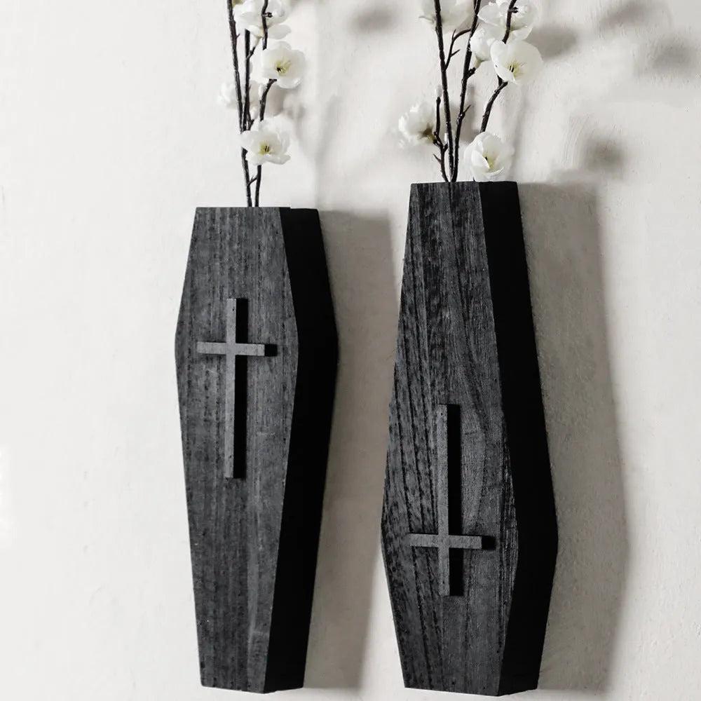 Wooden cross wall shelf with flat top for vase display in rustic brown finish