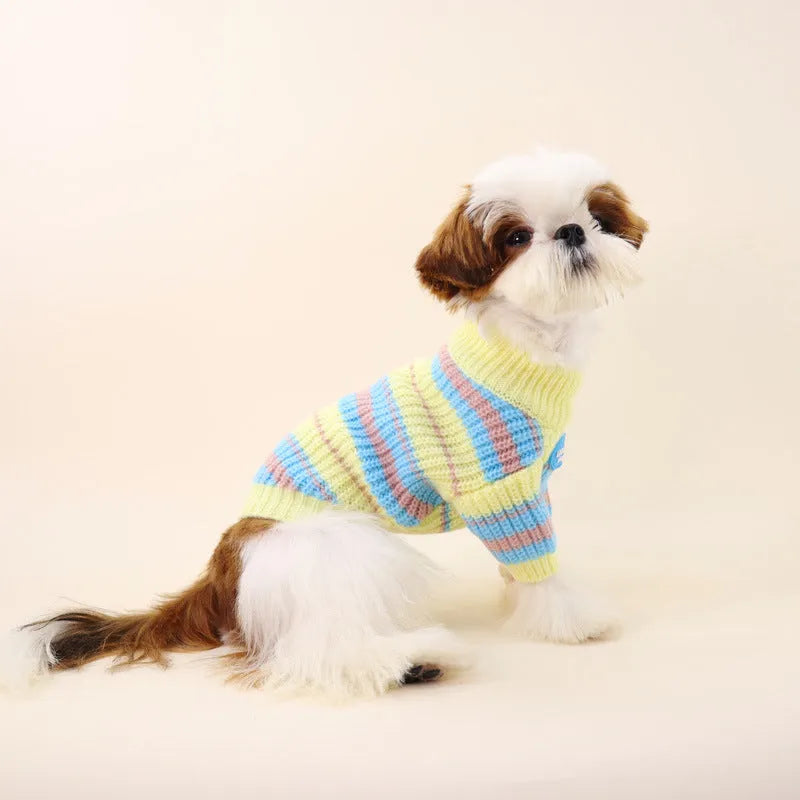 Blue and yellow striped wool blend dog sweater for small breeds in six sizes