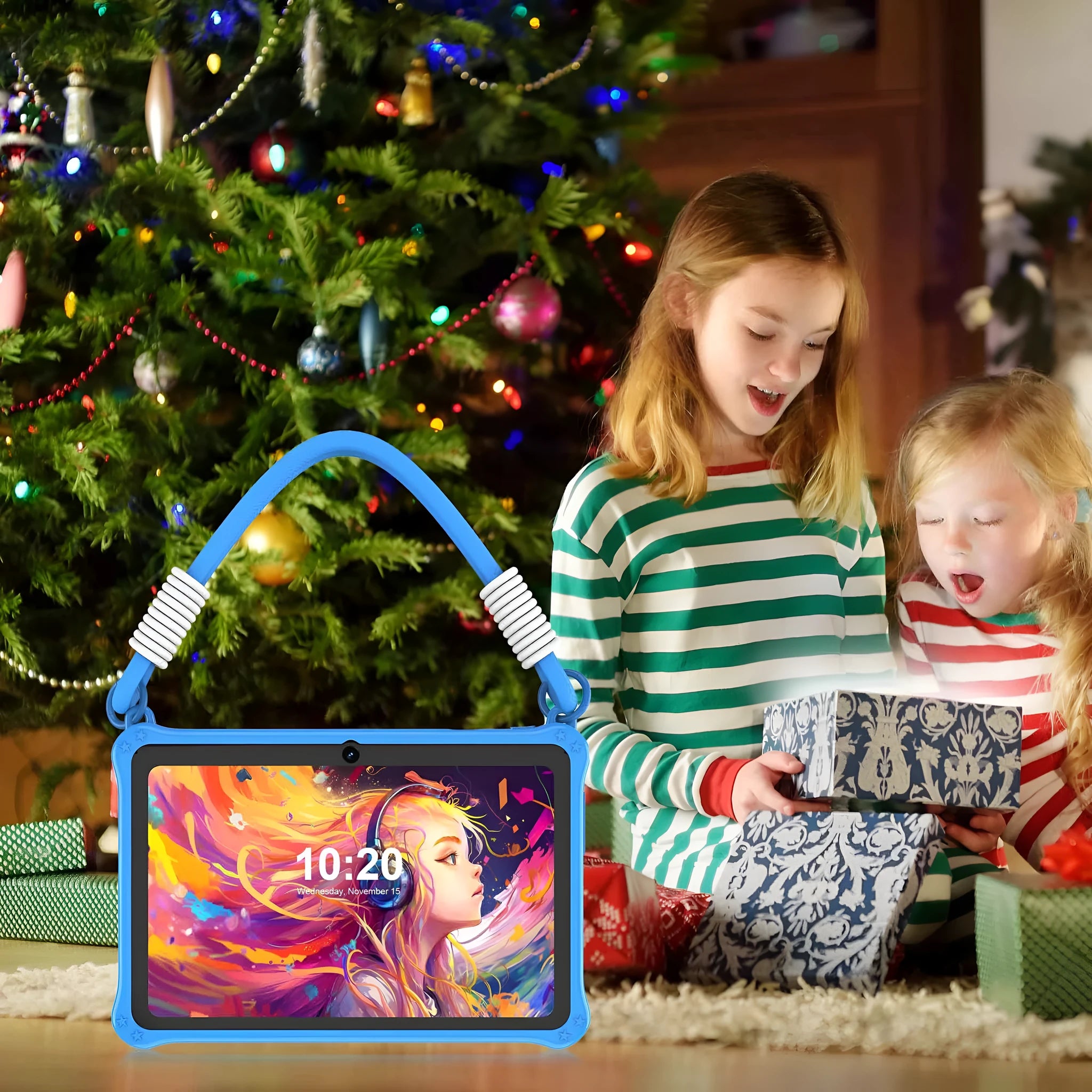 7-inch children's silicone tablet case with flat strap in sapphire blue or dark pink colours