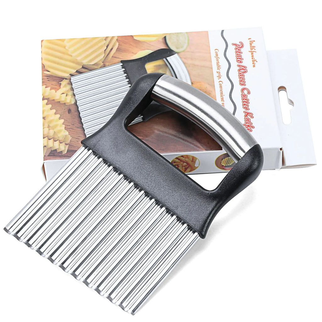 Stainless steel potato wave knife for making crinkle-cut chips on a kitchen worktop.